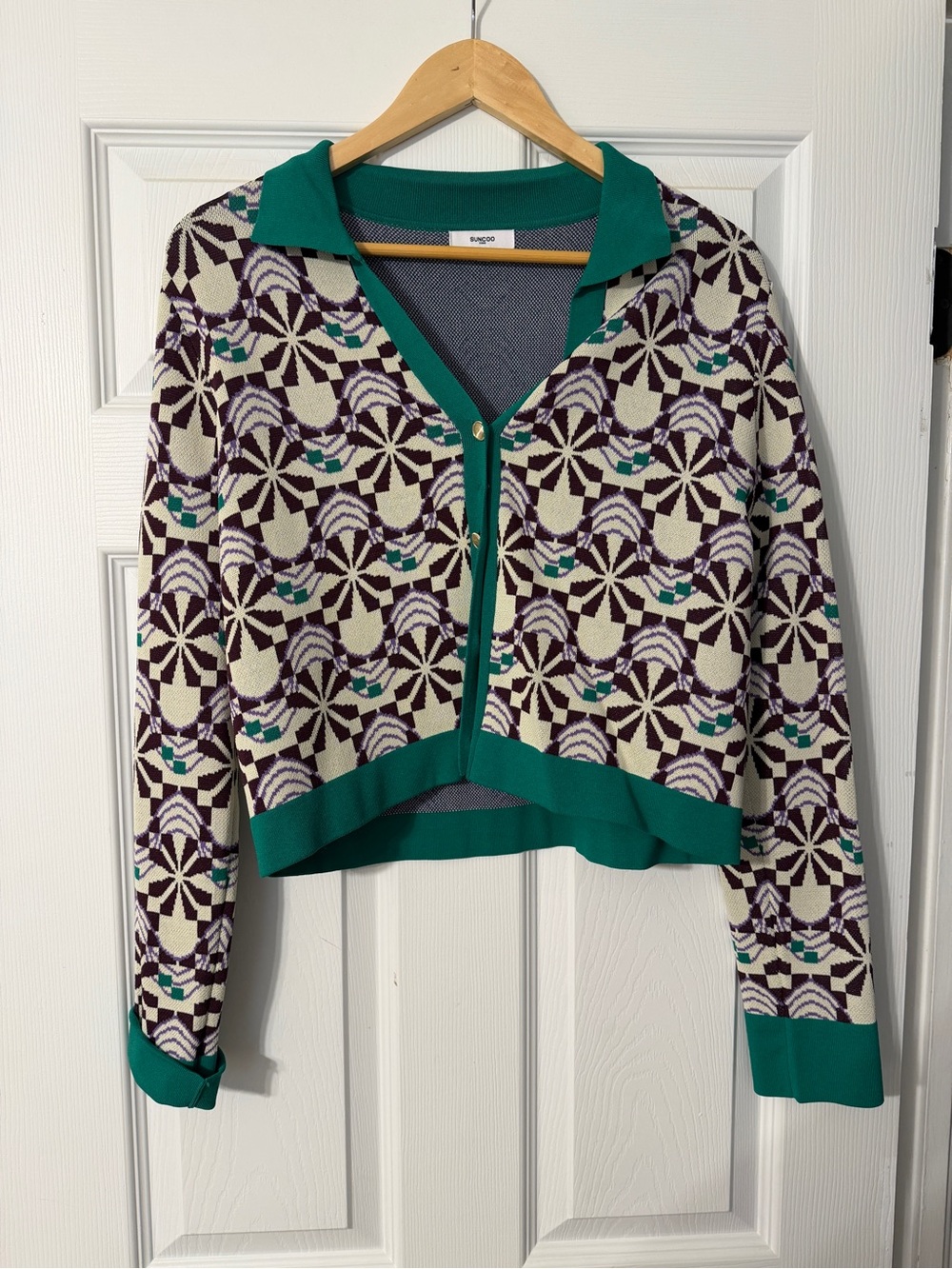 SUNCOO Teal-Trim Purple & Cream Geometric Cardigan